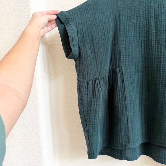 Madewell Lightspun Cuffed-Sleeve Shirred Top Green Cotton Gauzy Boxy Blouse - Picture 5 of 10